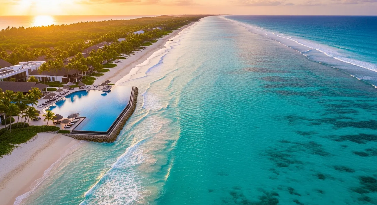 Aerial view of a stunning tropical coastline with a luxury resort