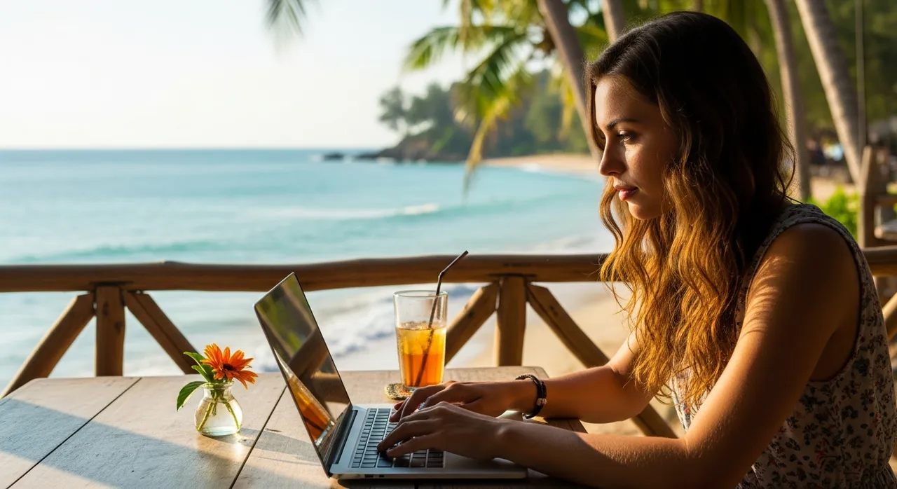 Young woman working on a laptop at a beachside cafe with turquoise ocean view