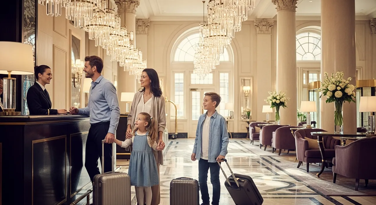 Happy family checking into a luxurious 5-star hotel lobby