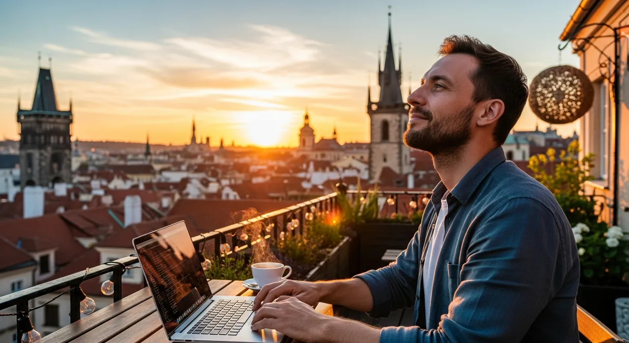 Digital nomad working from a rooftop terrace overlooking a European city at sunset