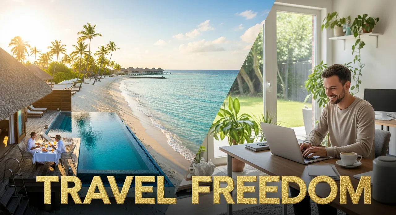 Video thumbnail showing a luxury beach resort and a person working from home — travel freedom concept